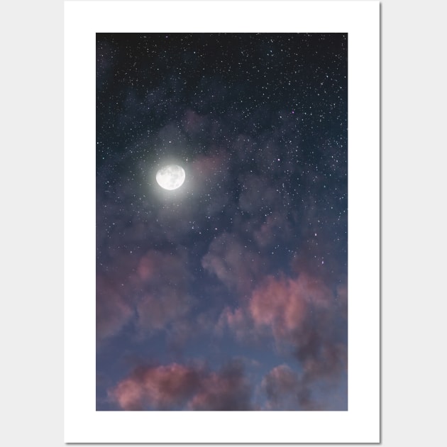 Glowing Moon on the night sky through pink clouds Wall Art by va103